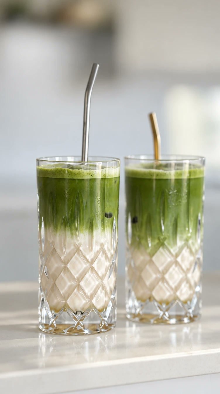 Two tall cut glasses of iced matcha, green settling over milk.