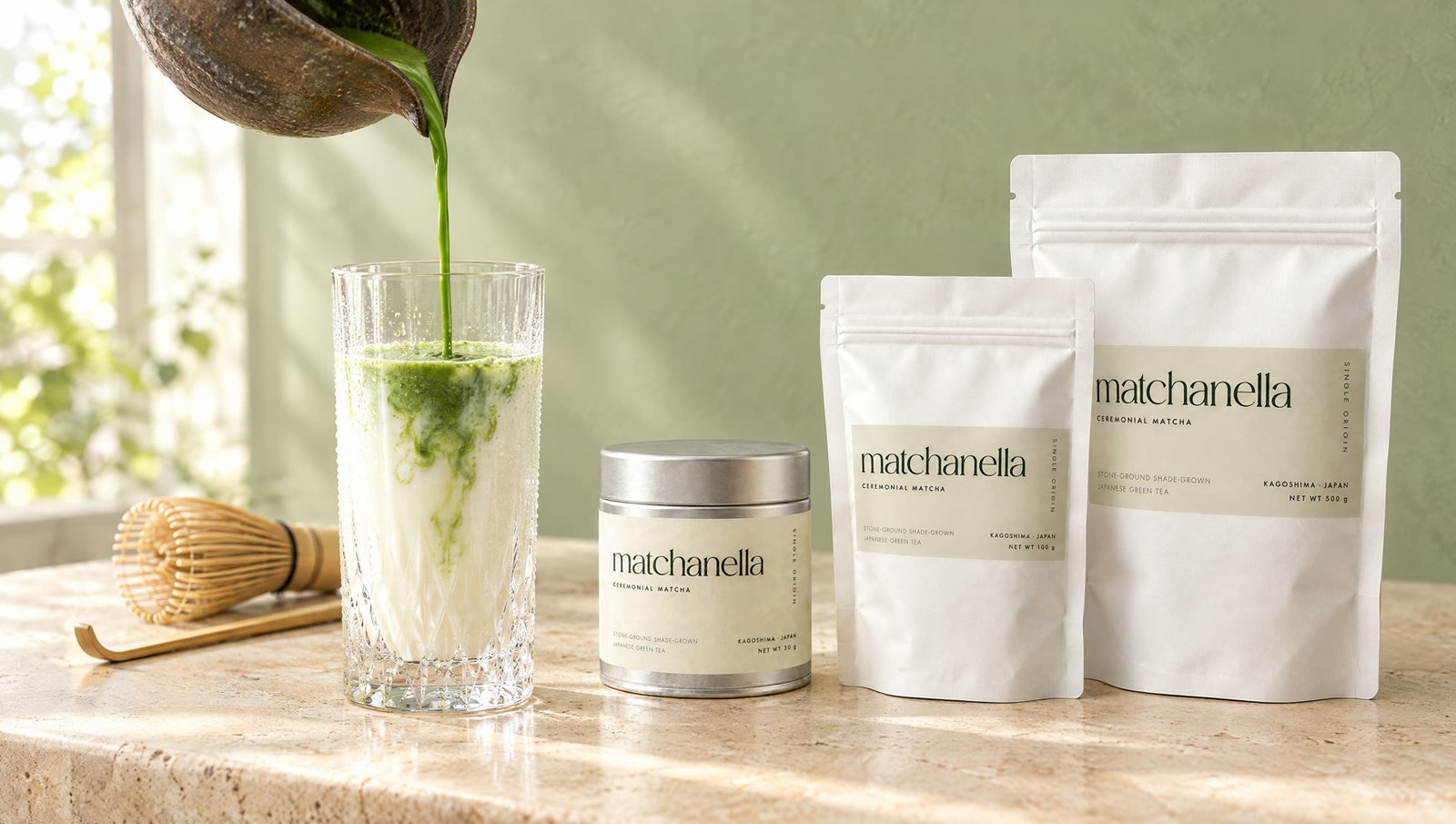 The matchanella tin and both pouches on a beige counter beside a poured glass.