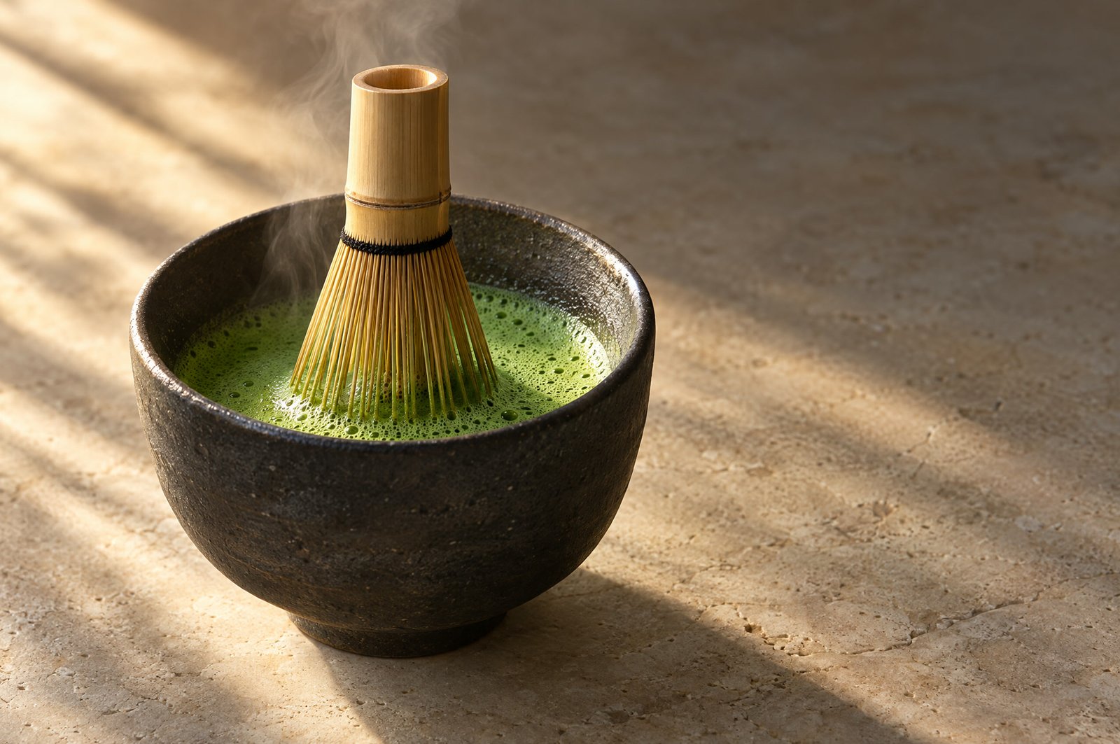 A bamboo whisk standing in a dark bowl of whisked matcha with a fine foam.