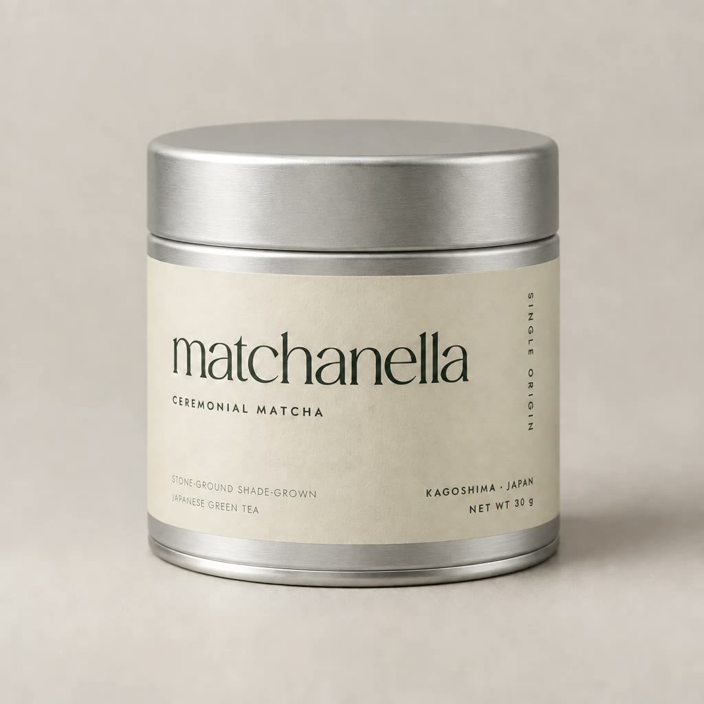 The matchanella 30 gram tin, brushed aluminium with a cream paper label.